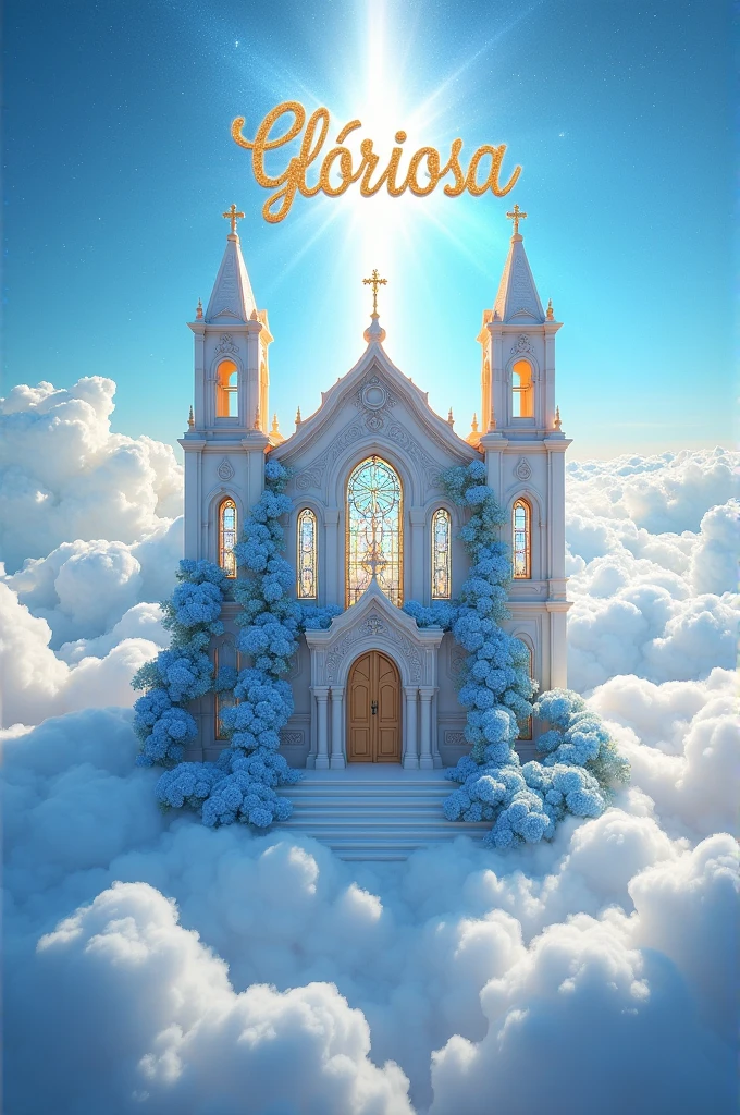 Make a church in the clouds, decorated with blue roses and behind the church there is a very strong light and with Glóriosa 