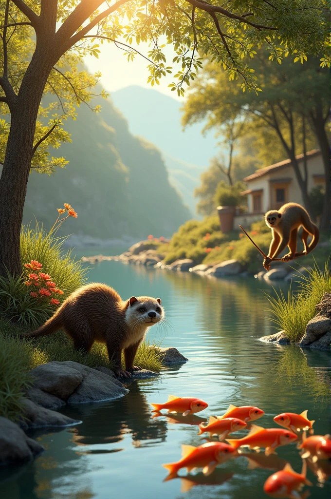 Three animals in different locations: an otter beside the river, discovering seven reddish fish; a jackal stealing a pot of yogurt and a piece of meat from a human settlement; and a monkey in a fruit orchard, plucking a bunch of ripe mangoes. Each scene should be set in the natural environment, with the animals looking pleased with their finds."