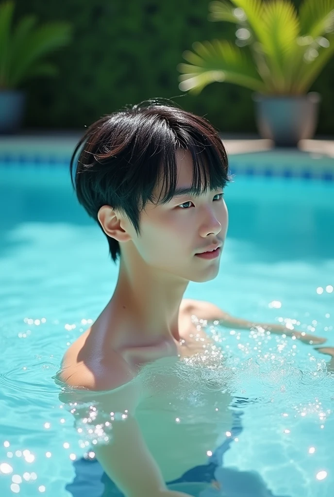 good looking male Black Hair Mushroom cut swimming Japanese cute Age 25