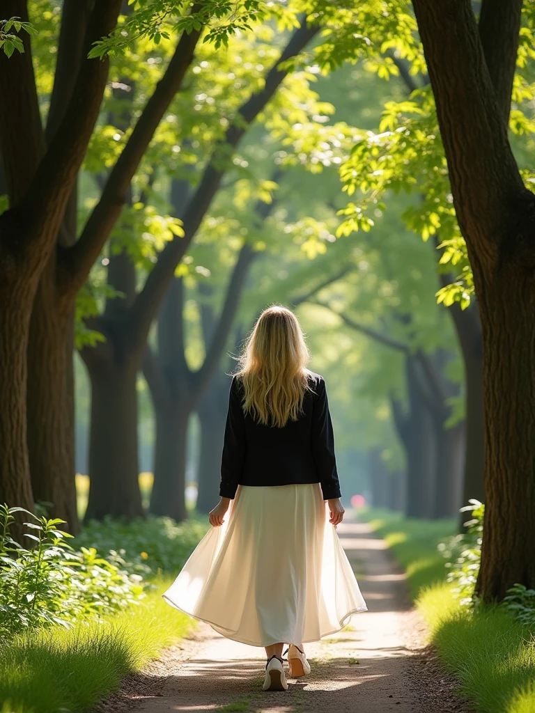 a blonde young woman waking on a path among the trees. Woman is wearing a casual white dress and black jacket . Natural illumination.