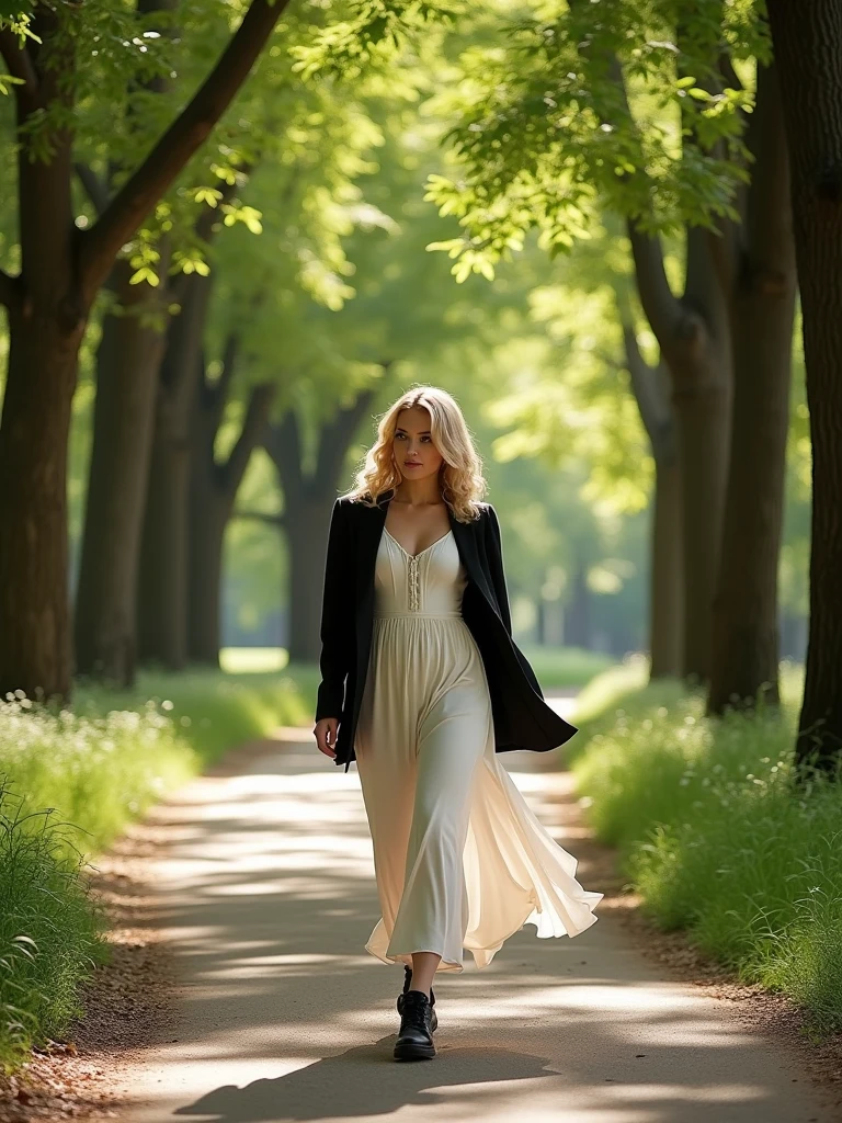 a blonde young woman waking on a path among the trees. Woman is wearing a casual white dress and black jacket . Natural illumination.