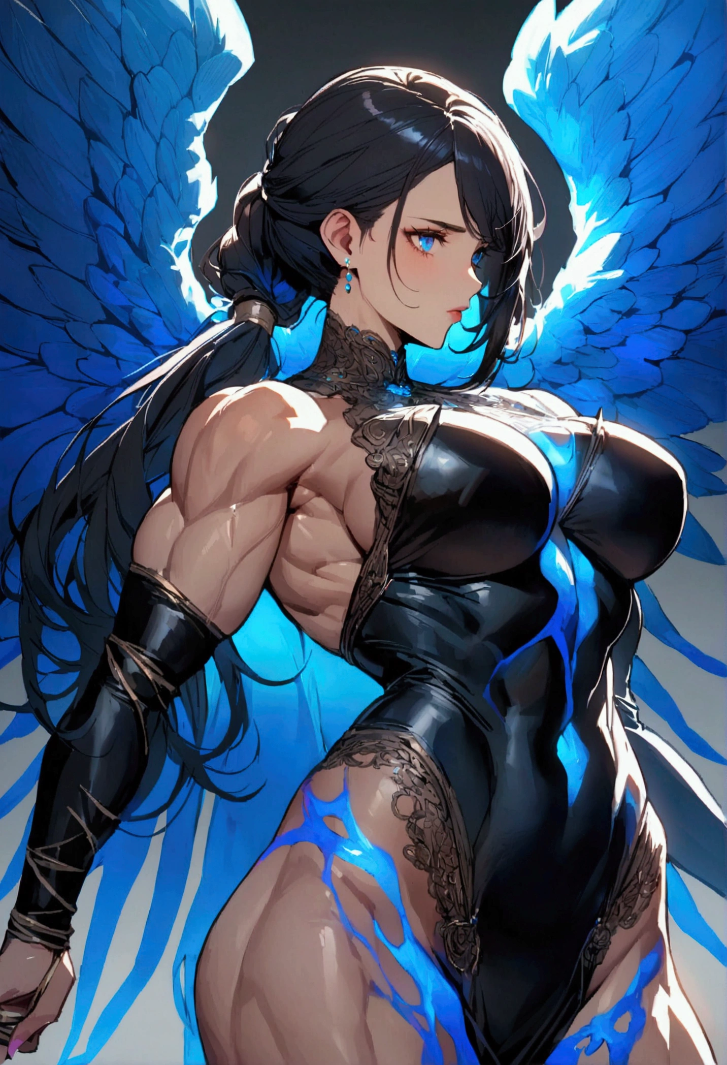 Woman with long black hair tied up, black clothing, blue aura around the body, big blue wings, muscular woman