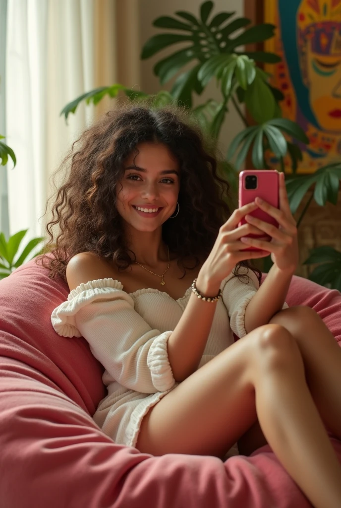 A brunette girl with curly hair and big breasts sits with her legs stretched out, taking a realistic photo