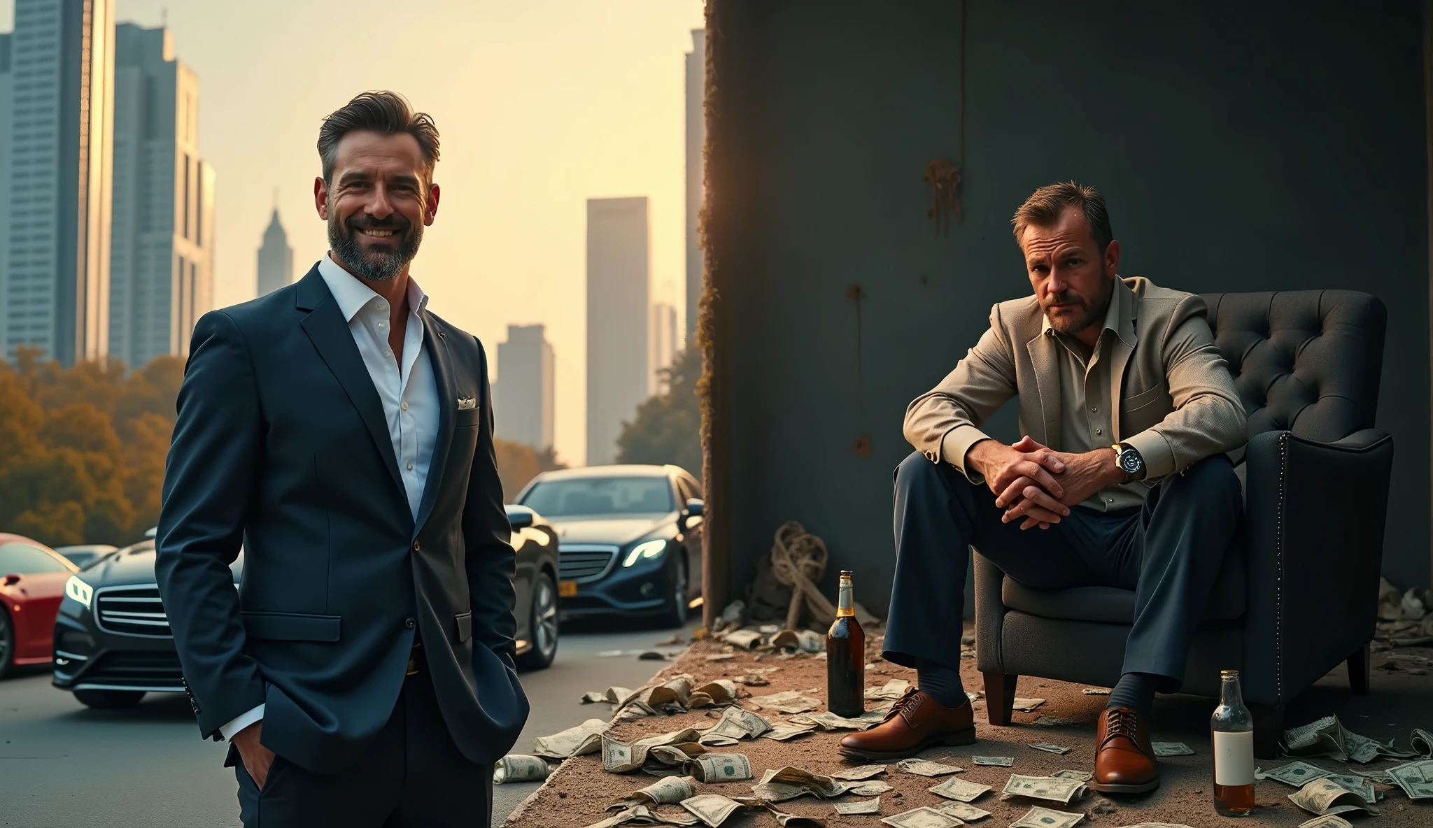 two images of the same person side by side, on one side a man who made a fortune and on the other side he quickly lost everything