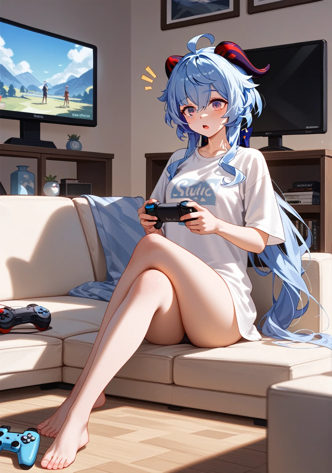 Highest quality, Highest quality, High quality illustrations, masterpiece, Ultra-high resolution, Detailed Background, Absurd, Perfect Anatomy, performance, Good lighting, Shadows in the movies, ganyu \(genshin impact\), Purple eyes, long hair, light blue hair that ends in shades of darker blue, long ponytail, Brownish horns, turn backwards, alternate costume, indoors, living room, white t-shirt, oversized shirt, surprised, crossed legs, sitting, sofa, television, looking at television, switch controller