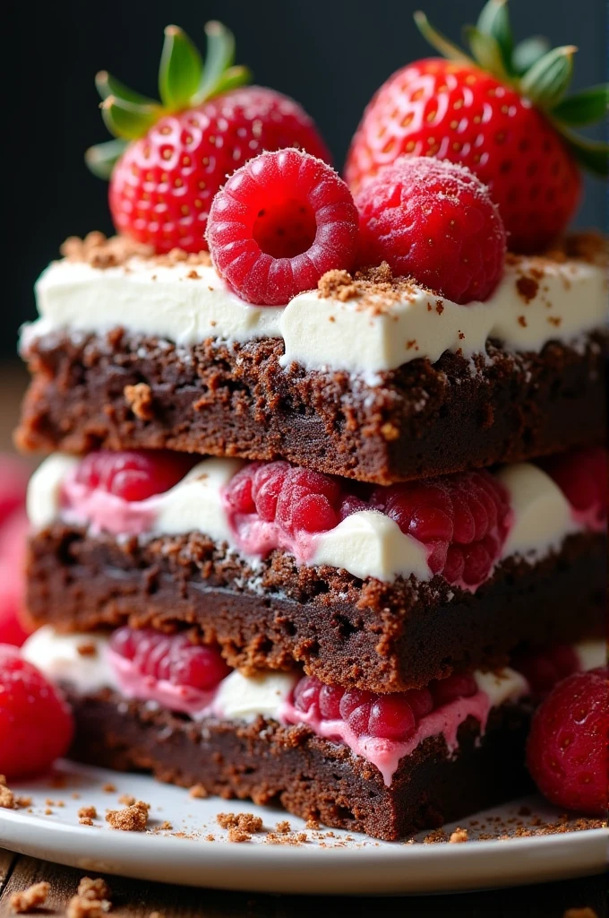 The inside of a dessert that is the combination of a brownie, must, cookie, fruits and cream