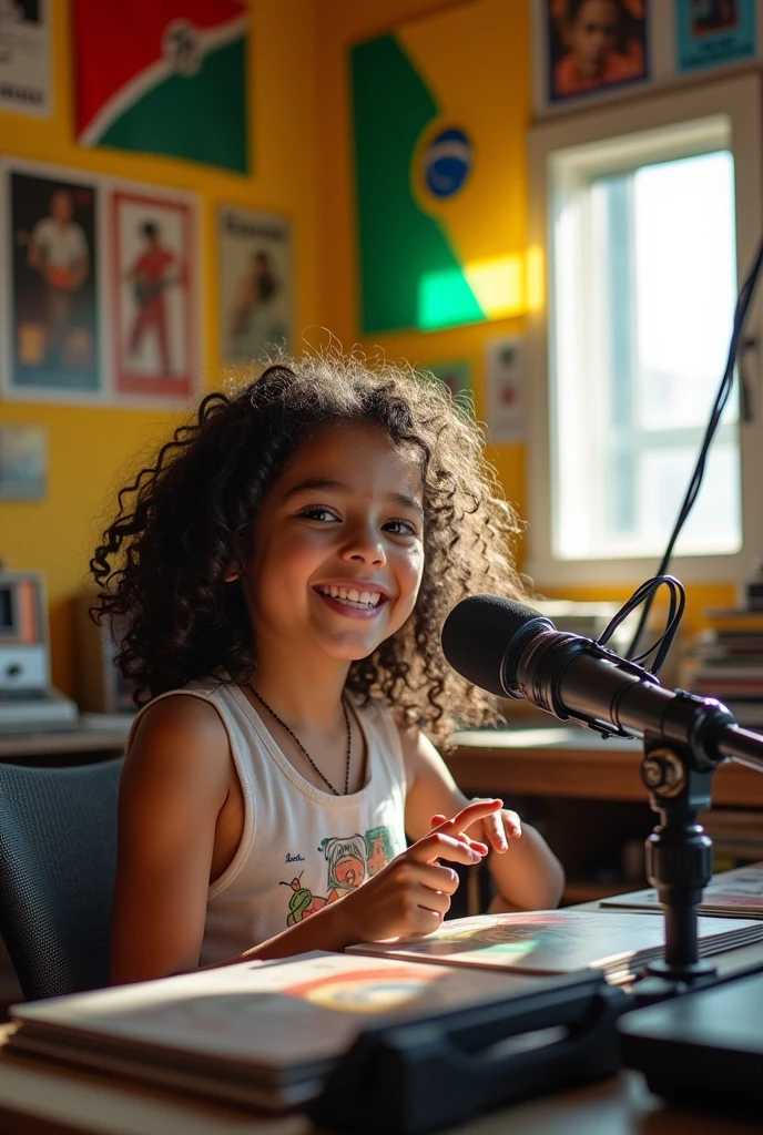 Girl talking on the radio station with the Machala flag
