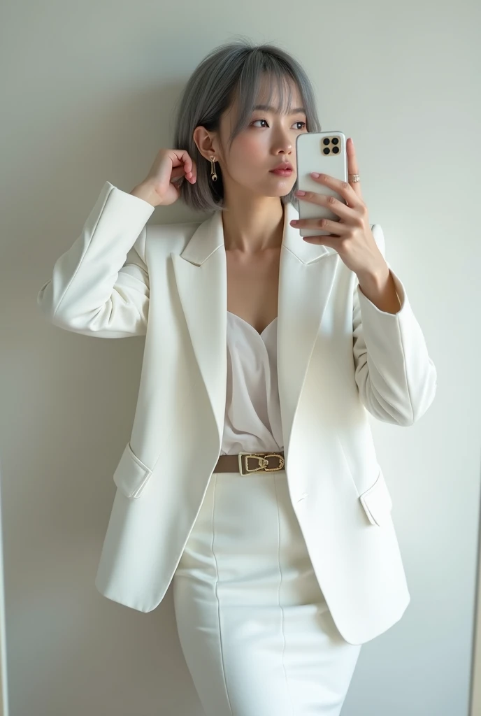 highly detailed, beautiful, hyper Realistic girl, masterpiece, best quality, Japanese sexy gravure woman, 28 years old, identity hidden, takes a selfie in her room using a smartphone in front of a mirror with one hand, One arm raised,She covers her mouth with one hand, looking away from the camera, /// gray short hair, light color eyes, Realistic skin, Detailed face, /// Design a minimalist art-fashion ensemble centered on white, reflecting current trends. The outfit should include a sleek white blazer with modern, clean lines, paired with a flowing white blouse and a tailored white skirt that falls just below the knee. Accessories should feature subtle gold accents, such as a thin belt and delicate jewelry, to add a touch of elegance. The overall aesthetic should be sophisticated and contemporary, with a focus on simplicity and the interplay of textures to create a refined, monochromatic look that is both timeless and on-trend, /// surreal, large breasts, Monotone simple modern taste single room, mirror, complicated background,
