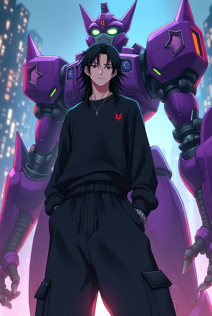 An anime character: A white man with dark eyes. your hair is long and black. He wears a black sweatshirt and black baggy pants.. Beside him is a purple Mecha with green details..