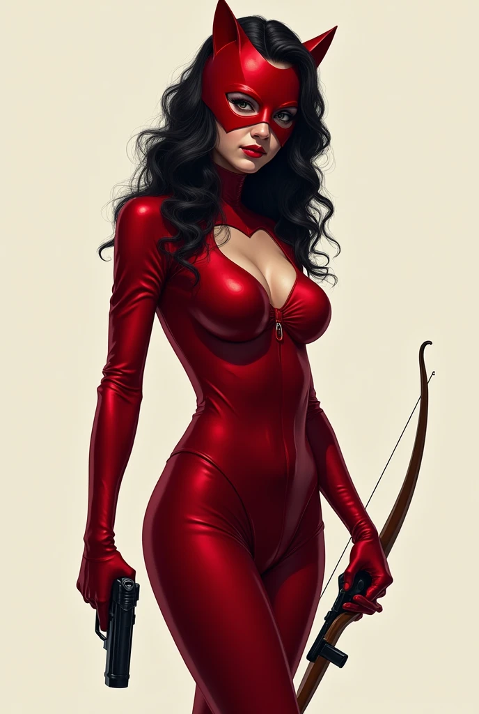 A silhouette of a girl wearing red Catwoman suit. Flat chest. Wavy hair. no head gear. Wearing red mascaraed mask. Holding a small gun and bow. Plain background. Semi-realism art