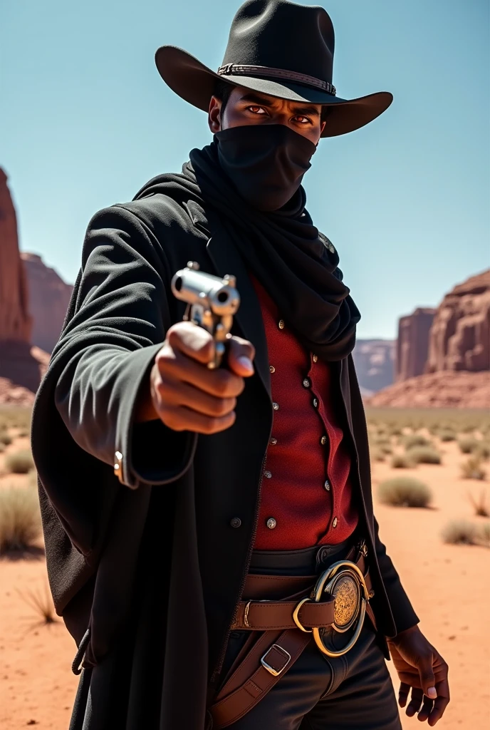 a man with dark skin, black hair and red eyes also with a mask on the mouth. 
He wears a black cowboy outfit with red details., including a hat and a long black scarf while holding a colt in attack position.
Ao fundo, a desert of the old Wild West.
