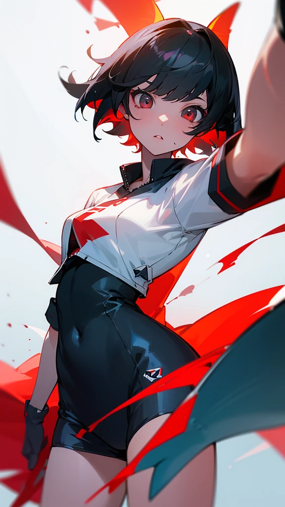 (1 girl), (of the highest quality,4k,8k,masterpiece:1.2),2.5D, girl , shark girl, black hair, background black and red, White skin, by the whites, short hair, shark&#39;s tail, look at the sky, sitting, maid costume