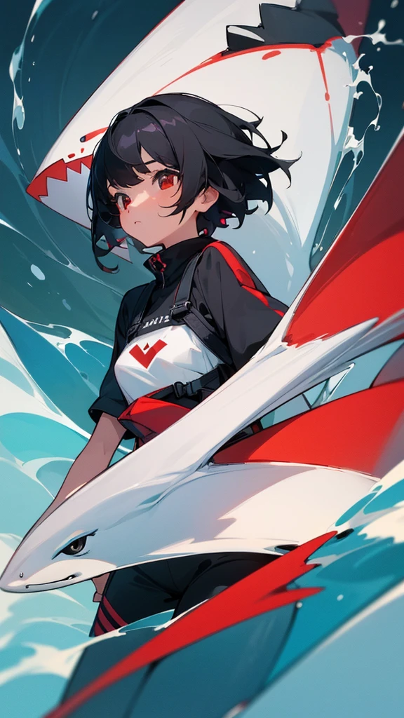 (1 girl), (of the highest quality,4k,8k,masterpiece:1.2),2.5D, girl , shark girl, black hair, background black and red, White skin, by the whites, short hair, shark's tail, look at the sky, sitting, maid costume