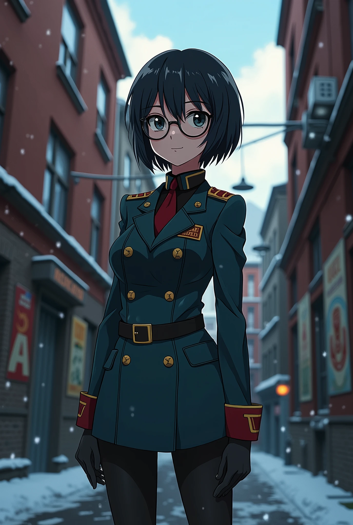 Anime, Short black hair with bangs, Big Tights, Narrow waist, Wearing glasses, Wearing a Soviet uniform,Moscow alley