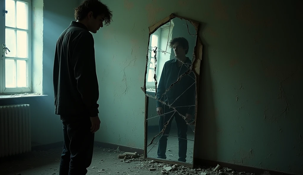 A reflection of a man in a shattered broken mirror