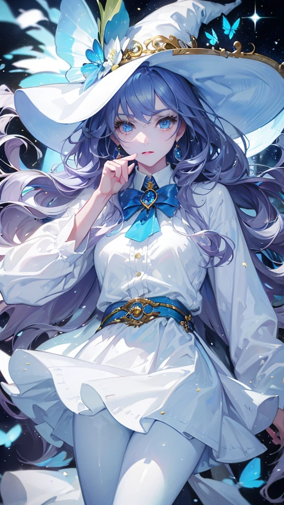 ((masterpiece, Highest quality)), Detailed face,magician,Character portrait,whole body,Perfect Body Proportions,Long legs,((Long Wavy Hair)), ,Beautiful Eyes,Fantasy Style,White Background,Very beautiful,Witch Hat,White hat,Lock,race,pantyhose,Expose,White linen clothes,mini skirt,Silver Hair,Blue Eyes,((Sparkling Eyes)),,Blue Gemstone Brooch,A flower decoration in white and blue on the hat,Gold-decorated robe,Blue butterfly fluttering