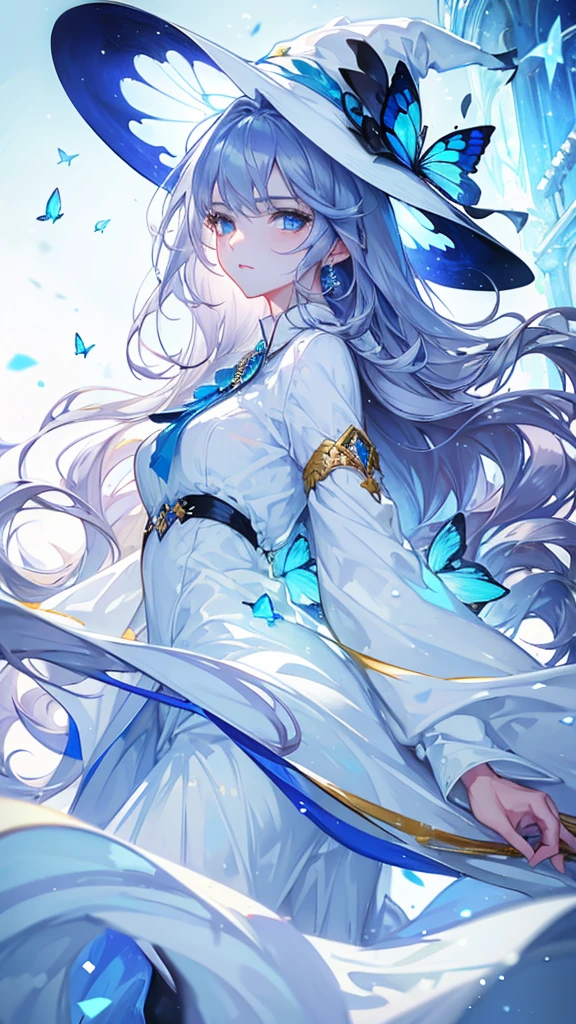 ((masterpiece, Highest quality)), Detailed face，magician，Character portrait，whole body，Perfect Body Proportions，Long legs，((Long Wavy Hair)), ，Beautiful Eyes，Fantasy Style，White Background，Very beautiful，Witch Hat,White hat，Lock，race，pantyhose，Expose,White linen clothes,mini skirt,Silver Hair,Blue Eyes,((Sparkling Eyes)),,Blue Gemstone Brooch,A flower decoration in white and blue on the hat,Gold-decorated robe,Blue butterfly fluttering