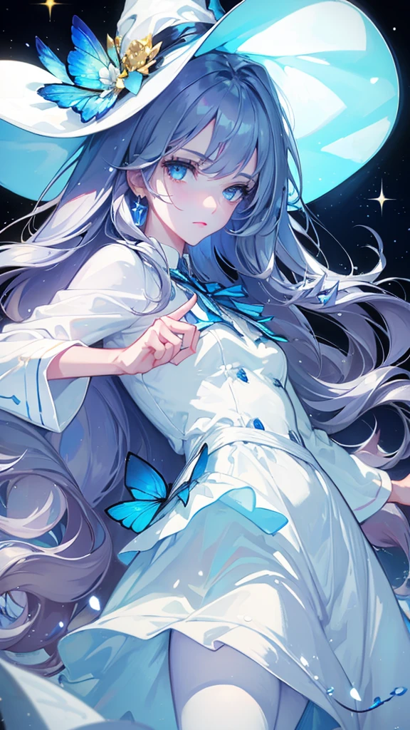 ((masterpiece, Highest quality)), Detailed face,magician,Character portrait,whole body,Perfect Body Proportions,Long legs,((Long Wavy Hair)), ,Beautiful Eyes,Fantasy Style,White Background,Very beautiful,Witch Hat,White hat,Lock,race,pantyhose,Expose,White linen clothes,mini skirt,Silver Hair,Blue Eyes,((Sparkling Eyes)),,Blue Gemstone Brooch,A flower decoration in white and blue on the hat,Gold-decorated robe,Blue butterfly fluttering