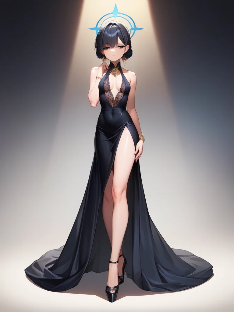 \(blue archive style\), black eyes, black hair, mid-lenght hair, straight cut hair, straight bangs, black historical gown with lace and ruffles, covered cleavage, long dress, jewels, no halo, bored eyes, small breasts, , slightly furrowed eyebrows, heels, castle ambiance