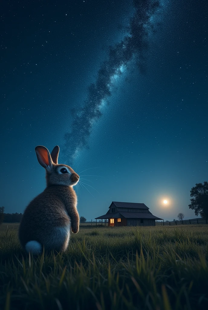 Beautiful detailed starry sky, rabbit looking up, rural farmhouse in the grass, (Highest Quality, 4k, 8k, High Resolution, Masterpiece: 1.2), Ultra Detailed, (Realistic, Photorealistic, Photorealistic: 1.37), Highly detailed night sky, glowing stars, fluffy rabbit, rabbit looking up, detailed grassland, unlit barn, moonlit night, serene rural landscape, atmospheric lighting, cinematic composition, limited color palette,