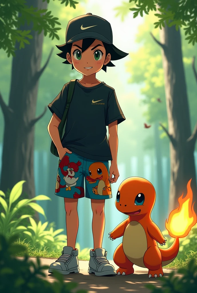a pokemon trainer with a black cap and a nike shirt
and official pokemon art shorts with good quality and the setting in a forest and next to it a charmander oficial pokemon red and blue