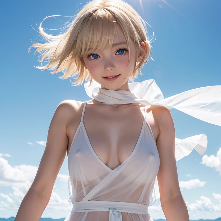 (Elementary school girl..Height is 120 cm.Beautiful white skin.Slim body.Hanging eyes.Blonde.Pixie Cut.Beautiful Blue Eyes.Tight waist.Beautiful areola.ふっくらとしたNipples.The skin is radiant and glowing).(A tight, see-through white dress.Not wearing underwear.Your clothes are wet.Nipples).(1 person.Uyuni salt lake.Are standing.Hands clasped behind back.Hair fluttering in the wind.My whole body is wet with water.Look at me and smile)Perfect Face.High resolution.It's dynamic