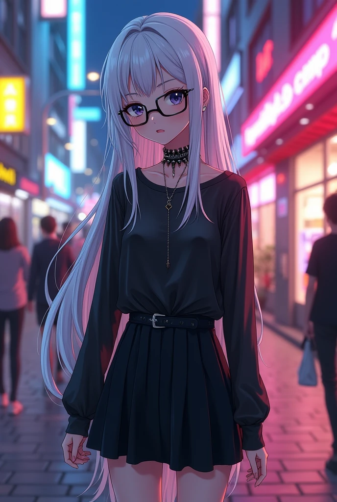 Create an anime girl character, slim build, White skin, long straight white loose hair, a black choker with spikes and chains hanging, a black blouse and a short black skirt, with black glasses 

