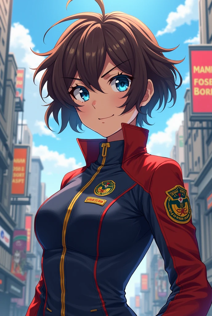 Draw a female character with short brown hair and blue eyes with a uniform inspired by the drawing style of very Hero Academia