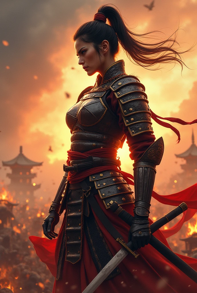 ((Japan Samurai for women),field of battle,dynamic pose,portrait of upper body、Longsword,armors,fiery sky,crazy details,details Intricate,high resolution,8k,((anatomically correcte)) written at the bottom : 36 high-quality photos