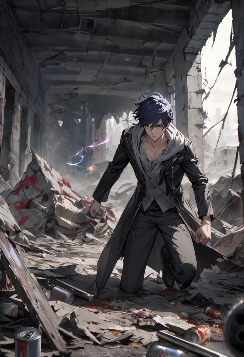 masterpiece, detailed, Best Quality , Chico , medium dark blue hair , short hair , black coat , Alone, elegant, disheveled , dangerous magic, canosos guantes negros, masculine , strong , villain , chaos , masculine , dark gray eyes , hoodie , cuerpo strong , perfect fingers , Alone , can , Destroyed place , floating , Grips , magical aura around the body , brutal dead people