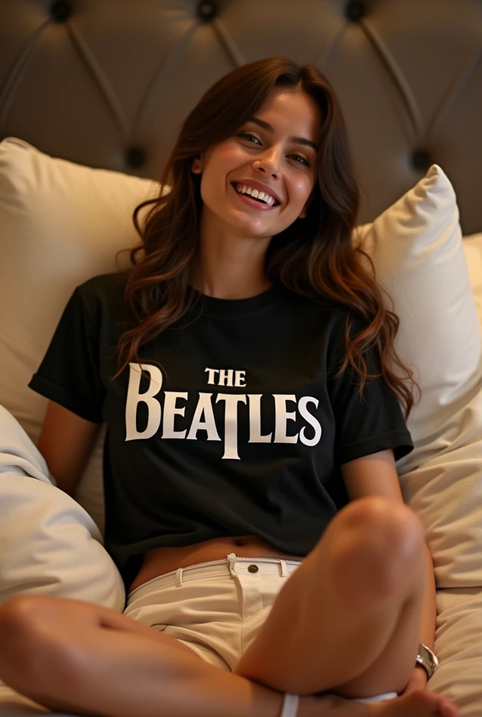 Brunette instagram influencer, wearing a black The Beatles shirt and white bikini bottoms, laying in a king size bed, laying down, ready for bed, cute smile night time, flash lighting