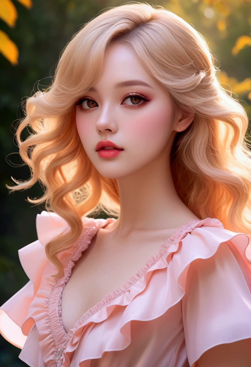 vivid silhouette, (Shiny layered wide frill blouse, One-piece dress with puff short sleeves), A woman with a beautiful face, with glossy pale skin and hazel eyes._Orange color makeup, Glossy pink lips, soft starlight, Dance with a dreamy expression as if you are dreaming. (Long blonde hair flowing down her forehead, Full head of hair, Shiny hair), Camera angle capturing the upper body above the hips, clear resolution, Clear picture quality, realistic atmosphere, Bright Themes, 초realistic atmosphere, (vivid silhouette, masterpiece, best quality), Blurry nature background.