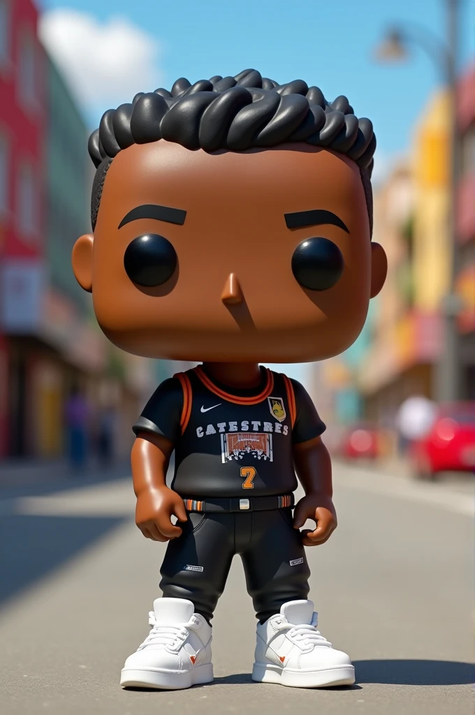 Funko pop of a human man with brown skin, black short hair, black jersey, black pants and white sneakers. no tattoos