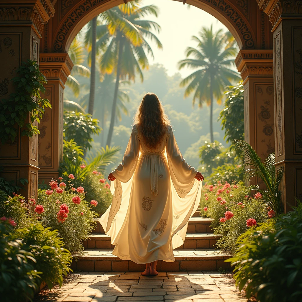 In a subtropical, low fantasy setting, you are greeted by the priestess of the wind goddess on the steps of her temple.