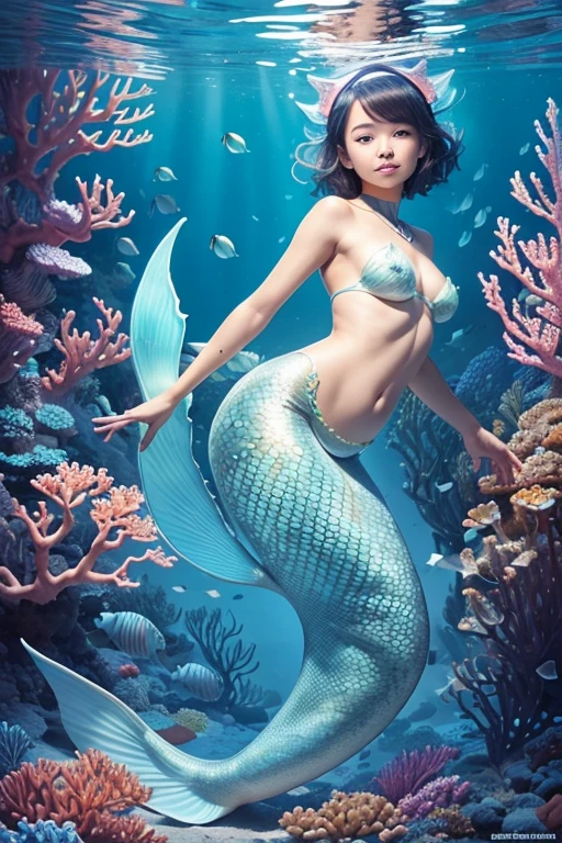 A 13-yr Asian girl is illuminating(( wearing a fish head band))(( wearing transparent mermaids costume sexyl body detail anatomy figure)), wearing transparent one piece scally detailed on skin, wearing scally fish like skin texture body, lifting up plump pussy , wavy blue short hairstyles from the flow water, ((having fish tails instead of toes))( fish fins ears))(scally fish arms, torso, bottom, face, neck, shoulder & legs))((showing feets near camera)) (accurate details of hands & fingers)) hard big errect nipples, open legs splitting position,exposed pussy line, exposed panties, exposed pussyline, smiling with teeth exposed. Sparkling gray eyes, charms, face details & fucos skin texture colored blue, swimming under the ocean showing corals, urchins, fish, turtle, whale, bubbles of air for accurate background masterpiece ((with full blue gemstone illuminating fish like scales skin textured all over her body)) ((with gills)) swimming with ocean current waves under the sea,( many different perspective view character profile , front view, side view, rear view, of same face & clothing girls posing deferent angle))(( perfect details of mermaid body and tail fin anantomy))