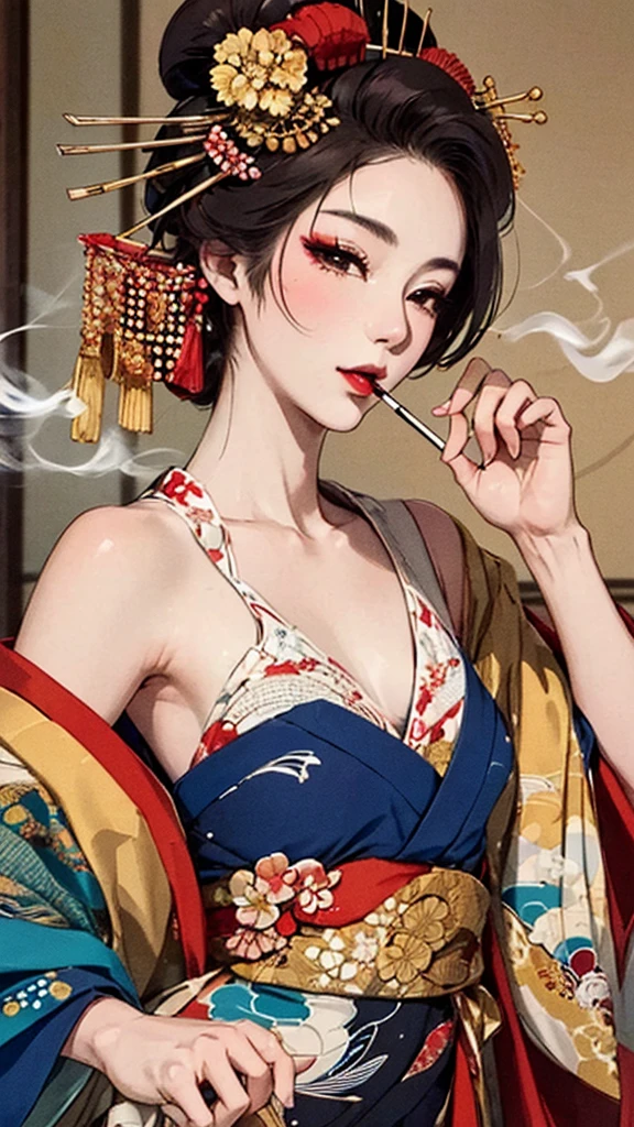 {{{{masterpiece}}}}, {{{Super detailed}}}, {{{High resolution}}}, {{Excellent anatomy}}, (((highest quality))), ((Very delicate and beautiful)), {{Very detailed and delicate}}, {8k CG wallpaper}, {{figure}}, Hairpin:1.4, (One woman),Oiran,,A seductive gaze、Smoking a cigarette