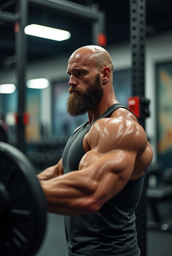 Bald man, barba, stark, brawny, training, gym, bíceps.