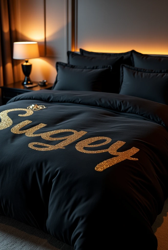 Black Versace duvet with Sugey's name in gold
