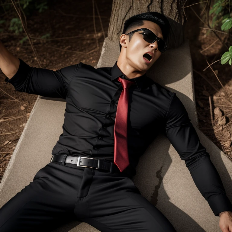 33 years old,One Man,、Black Shirt、Red tie、Black gloves、Forest、Lie on your back with your legs open、defeat　logic, ,Black Hair、Very short hair、undercut、Handsome fighter　Asian Face　Stubble、The crotch area of your trousers is bulging　Black sunglasses　Seen from below　Beaten and screaming
