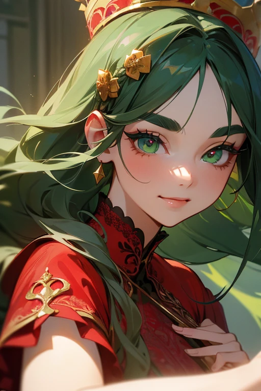 (Highest quality, masterpiece:1.2), High resolution, Very detailed, Realistic:1.37, Fantasy, An illustration, Green Eyes、Queen, Red lace dress.Platinum decoration、beautifully、Eyeshadow Red、Thick eyebrows、Long eyelashes、pupils are black、Her hair is dark green、Gold crown、Kissing Face、Embarrassing、Beloved by the crowd、Hair is green、Braiding、hair ornaments、((dance)).(Smile)、