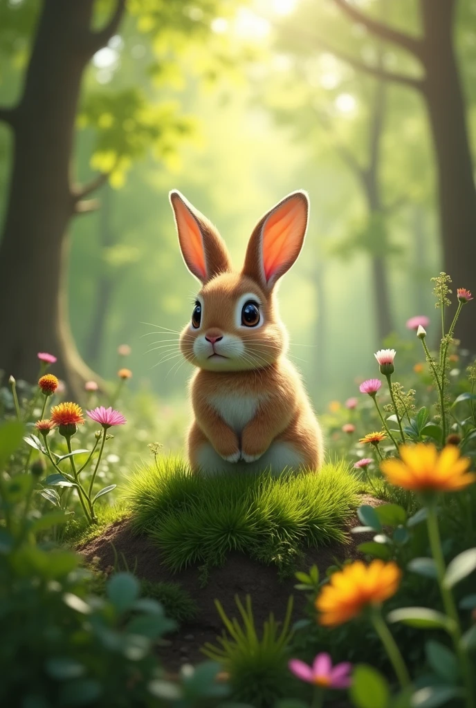 "A close-up of the rabbit sitting alone on a grassy patch in the forest, deep in thought. The rabbit appears concerned, pondering over the idea of what to give as an offering. The background shows the soft, tranquil landscape of the forest, with light filtering through the trees, creating a reflective mood."