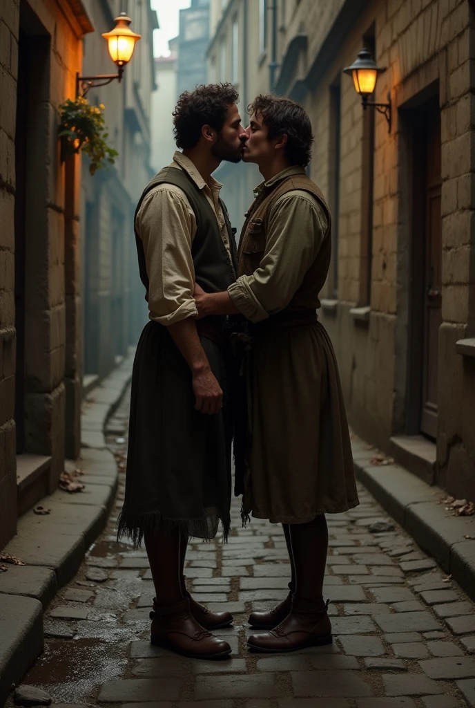 Renaissance painting of two lower class men kissing on a dark, dirty street in Paris in the 1700s