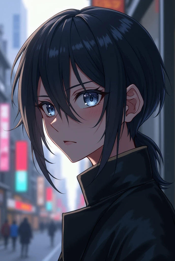 An anime guy, black hair, cold silver eyes, half body, close up, silver highlights hair, nonchalant, manhwa