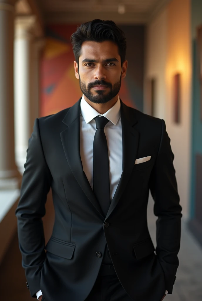 . "A photorealistic portrait of a 30 years healthy man Indian male model, brimming with confidence, staring straight into the camera in a classic black suit tailored to perfection white shirt with tie. He stands before an abstract room