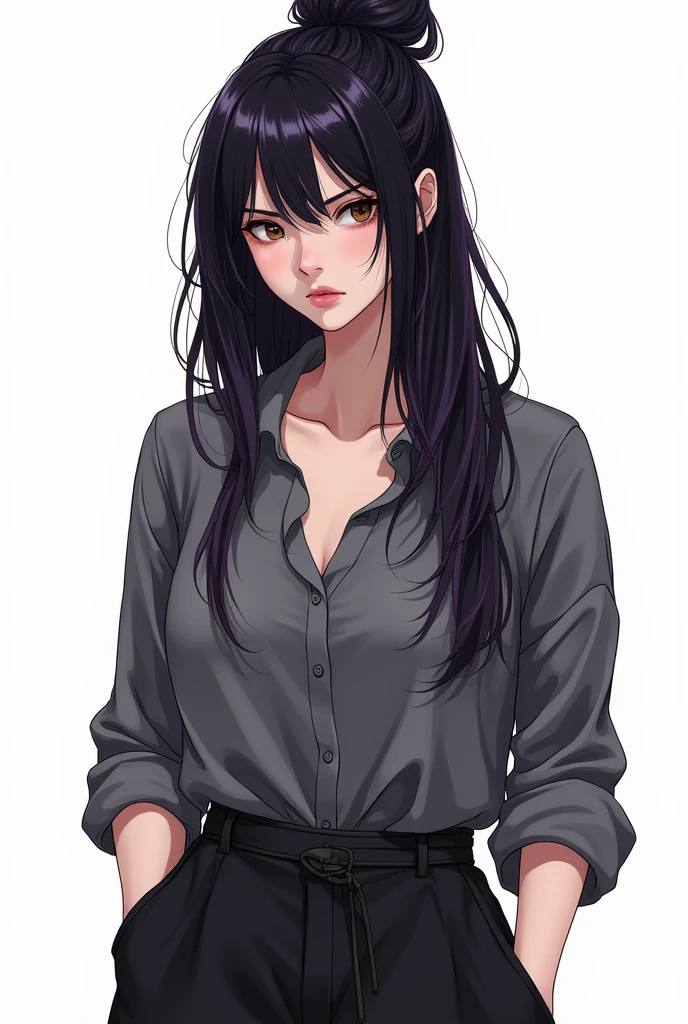 20 year old western college student woman with a dark expression and sexy frown. She has long, very dark hair with a few purple highlights. She is wearing a loose bun.. Eyes in a dark brown shade, wearing a loose formal gray shirt, has a sloppy dark academia style, with visible neckline, no back ground, graphic novel art style