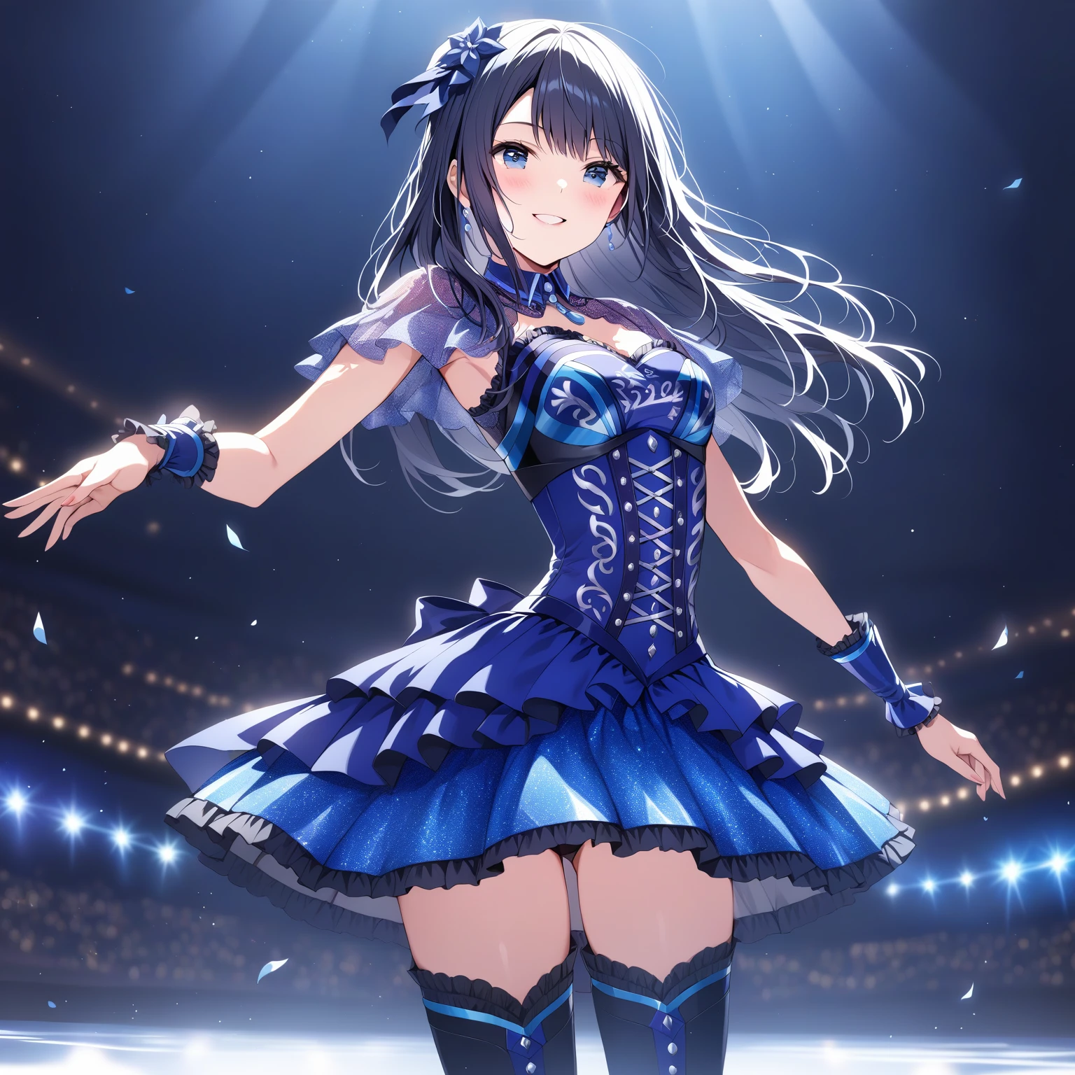 [high quality, best quality], [cinematic], 1girl, solo, nagase kotono, idol costume, black thighhighs, thigh boots, smile, blush, on stage, [bloom, hdr]