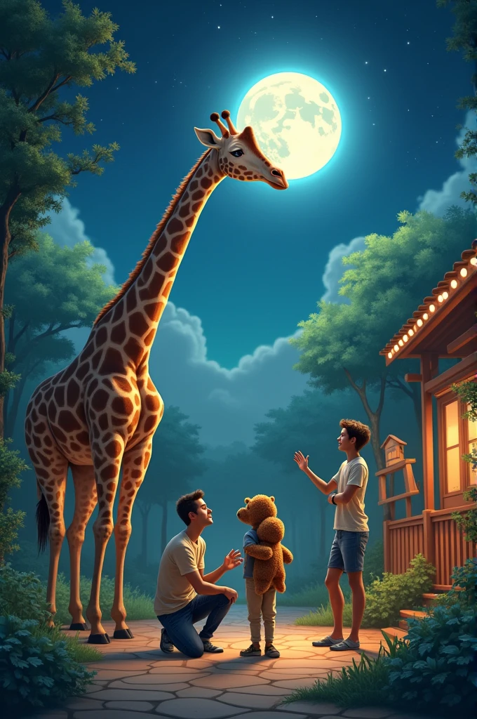 Make me an easy picture to draw that has the characters: a big giraffe that reached the moon, a father with a child and the child has a stuffed bear, a zoo guide and the place is a zoo. 
