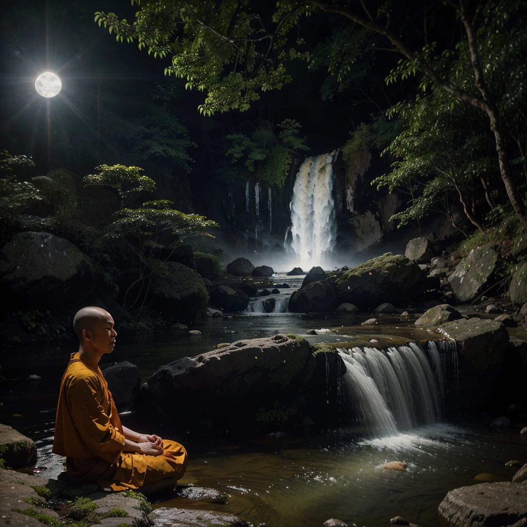 A colorful realistic painting of a calm Thai monk wearing old torn robes with a soft light emanating from his head, meditating on a rock under a big tree in the forest beside a flowing stream, overlooking the mountains, the atmosphere of fireflies, a full moon night, the light of the moon reflecting on the water surface, a waterfall flowing down from a high cliff.