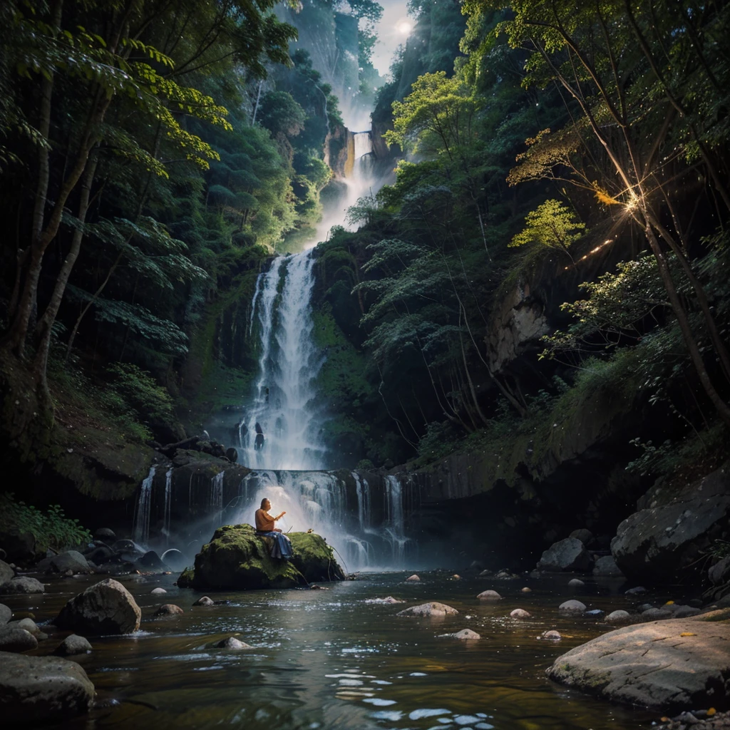 A colorful realistic painting of a calm Thai monk wearing old torn robes with a soft light emanating from his head, meditating on a rock under a big tree in the forest beside a flowing stream, overlooking the mountains, the atmosphere of fireflies, a full moon night, the light of the moon reflecting on the water surface, a waterfall flowing down from a high cliff.