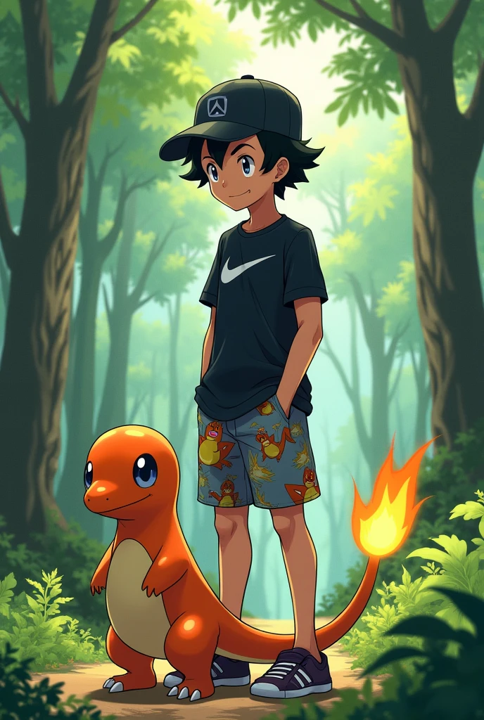 a pokemon trainer with a black cap and a nike shirt
and official pokemon art shorts with good quality and the setting in a forest and next to it a charmander oficial pokemon red and blue